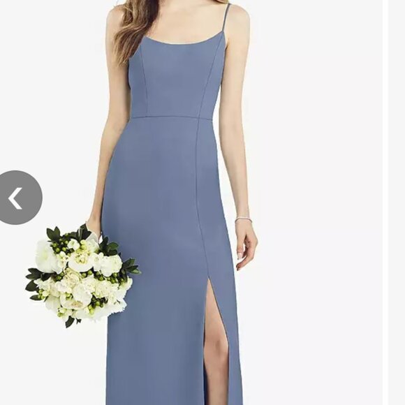After Six Dresses & Skirts - SPAGHETTI STRAP V-BACK CREPE GOWN WITH FRONT SLIT IN LARKSPUR BLUE
